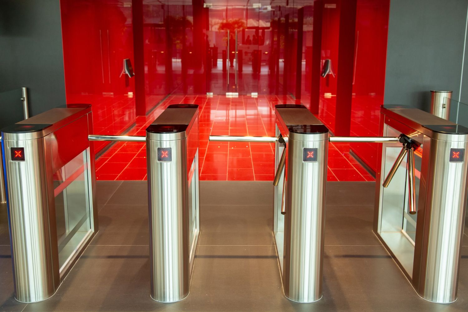 Turnstile gates installed at a building entrance