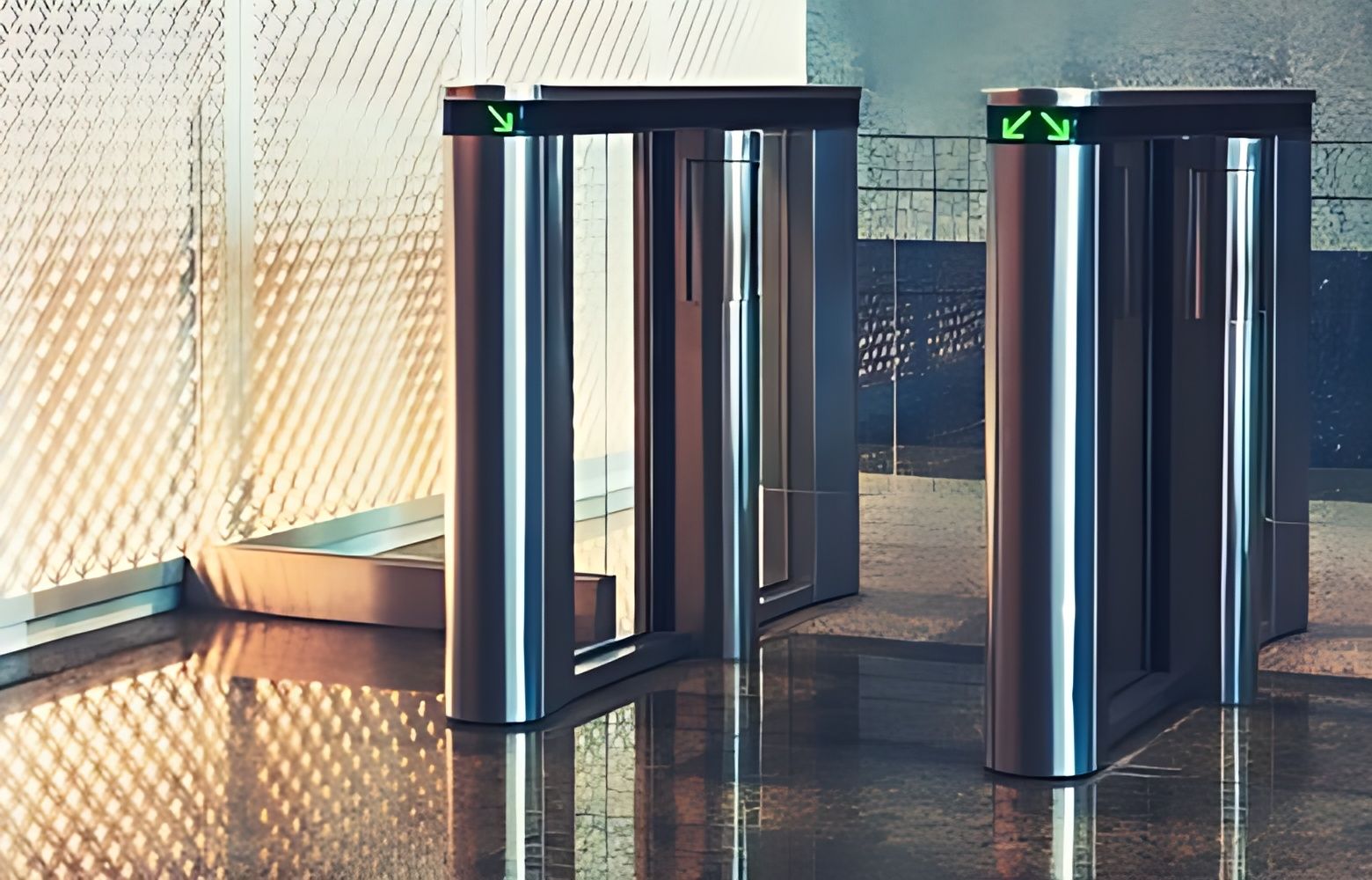 Speed gates installed at a controlled building entrance