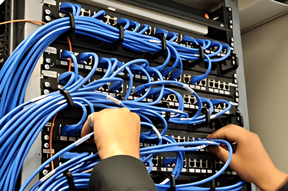Structured cabling patched into a network rack