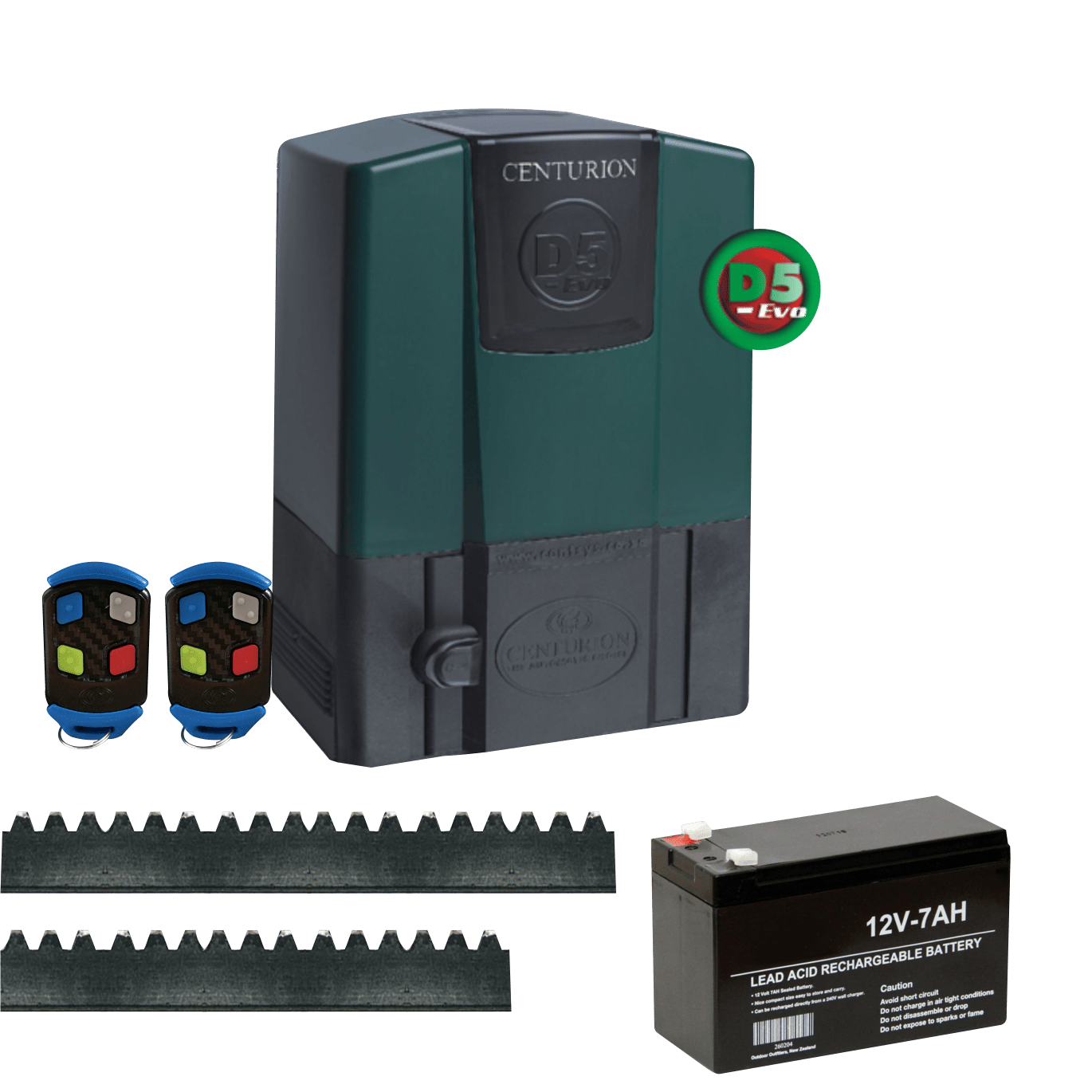 Sliding gate motor kit with remote controls, gear rack and backup battery