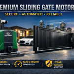 Automatic sliding gate motor installed on a modern security gate with remote control and smart automation features