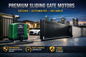 Automatic sliding gate motor installed on a modern security gate with remote control and smart automation features