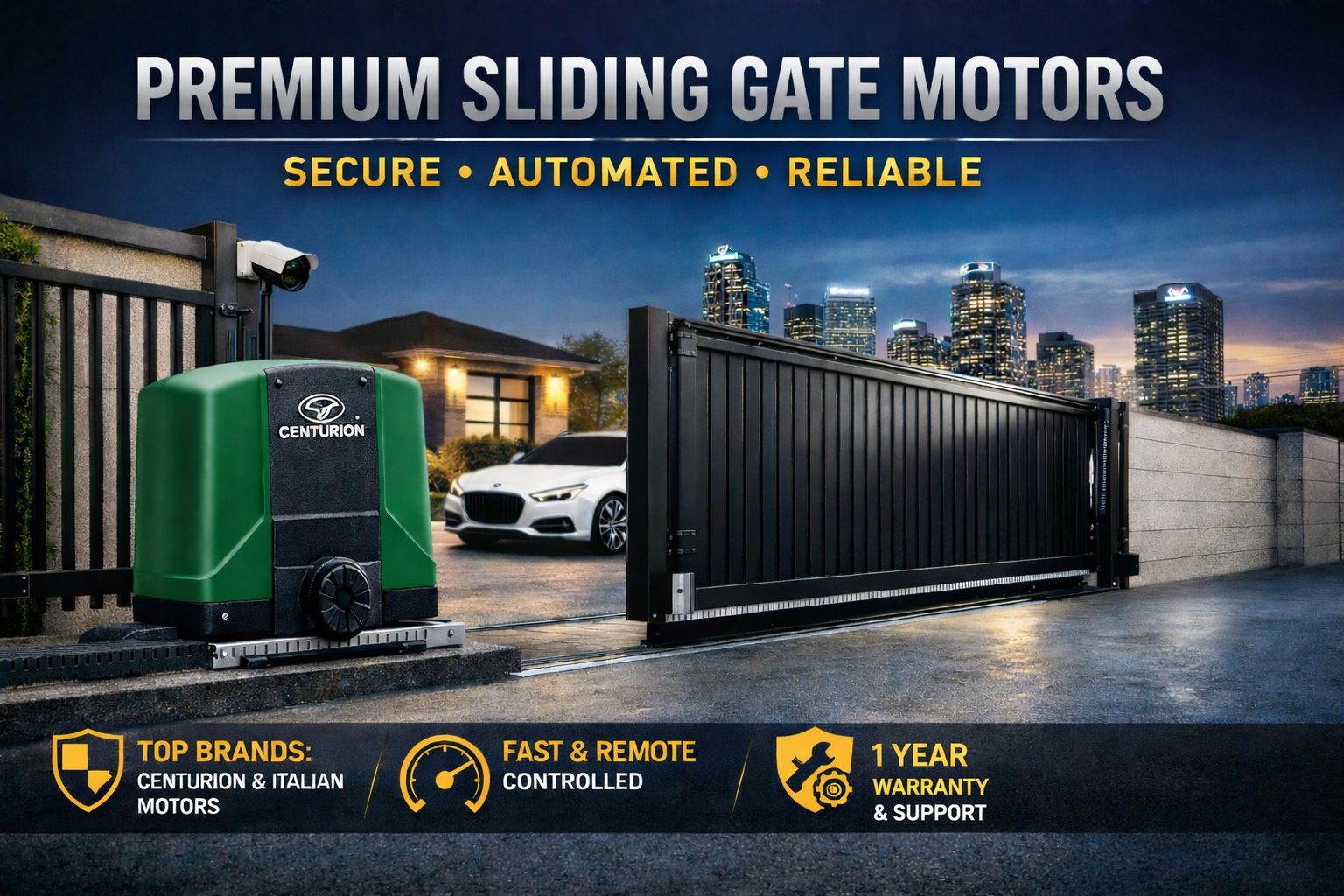 Automatic sliding gate motor installed on a modern security gate with remote control and smart automation features