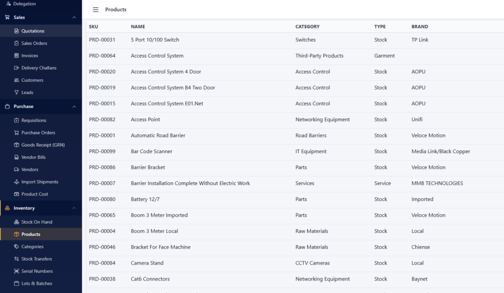 Inventory screen — products with SKU, category, type and brand