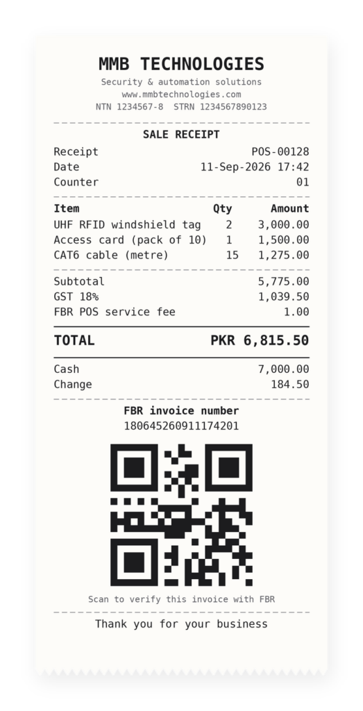 Customer receipt showing the FBR invoice number and QR code