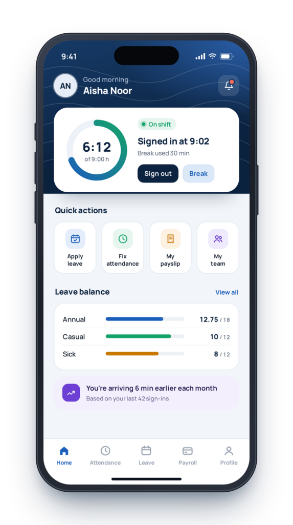 Employee self-service mobile screen — payslips and leave on the phone