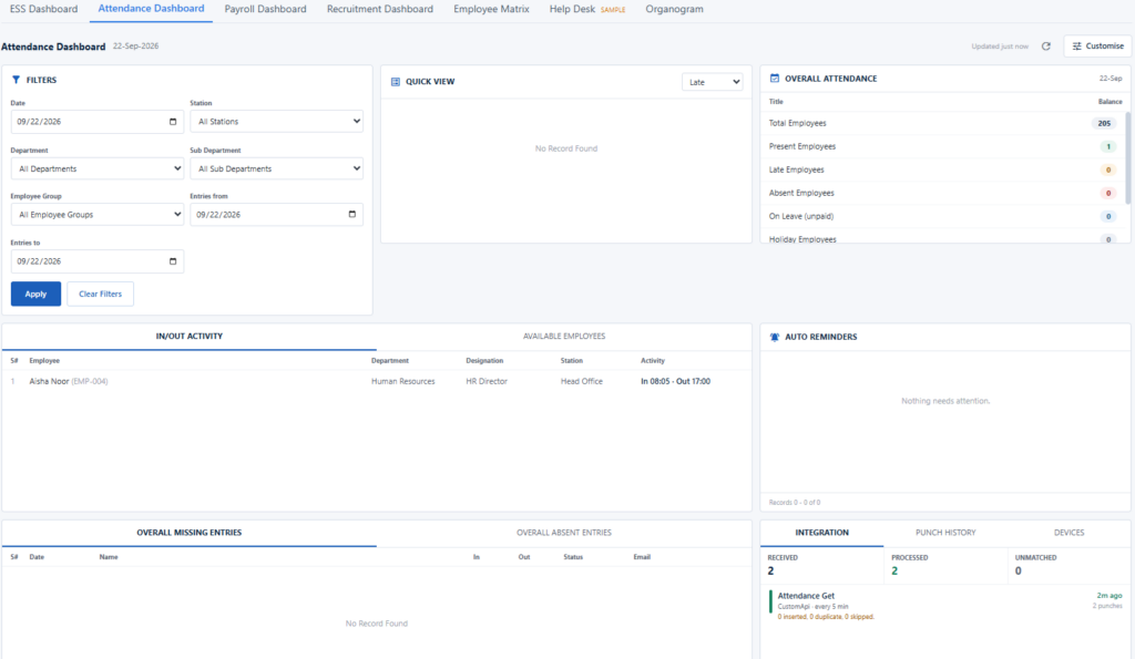 Attendance screen — punches, lates and overtime