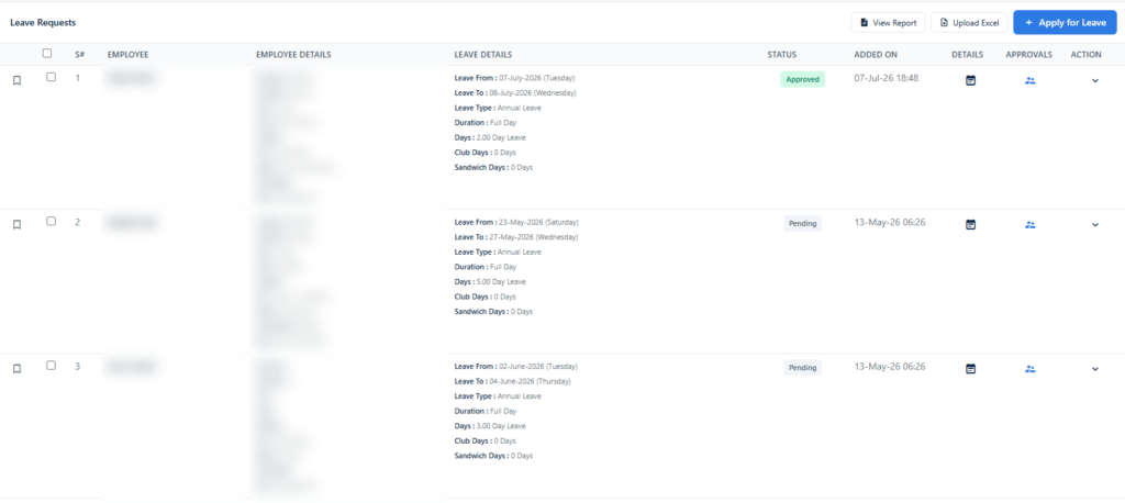 Leave screen — requests, approvals and balances
