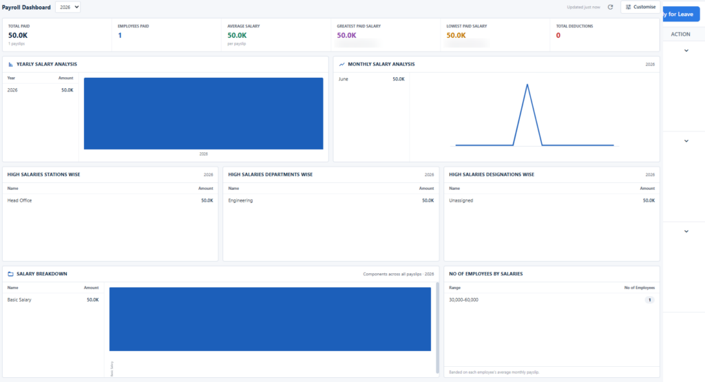 Payroll screen — salary runs and payslips