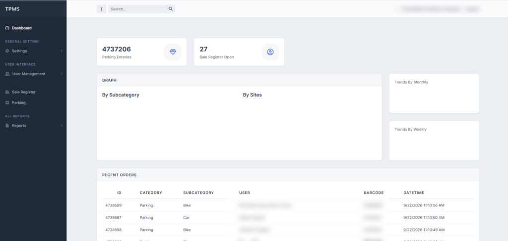 Parking Management dashboard showing parking entries and recent orders