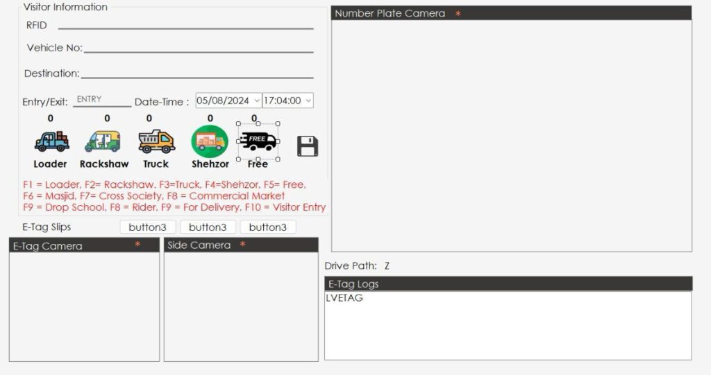Entry & exit screen — vehicle type, RFID, number-plate and E-Tag cameras