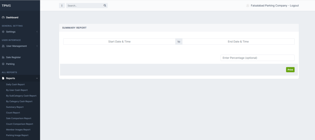 Cash & summary reports screen — daily, per-user and per-category reports