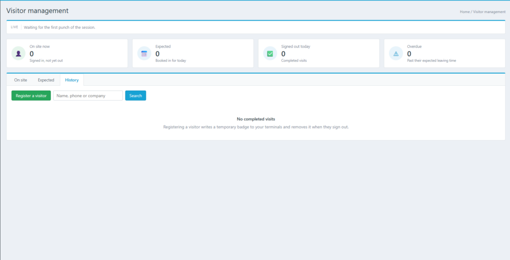 Visit history screen — every completed visit, searchable